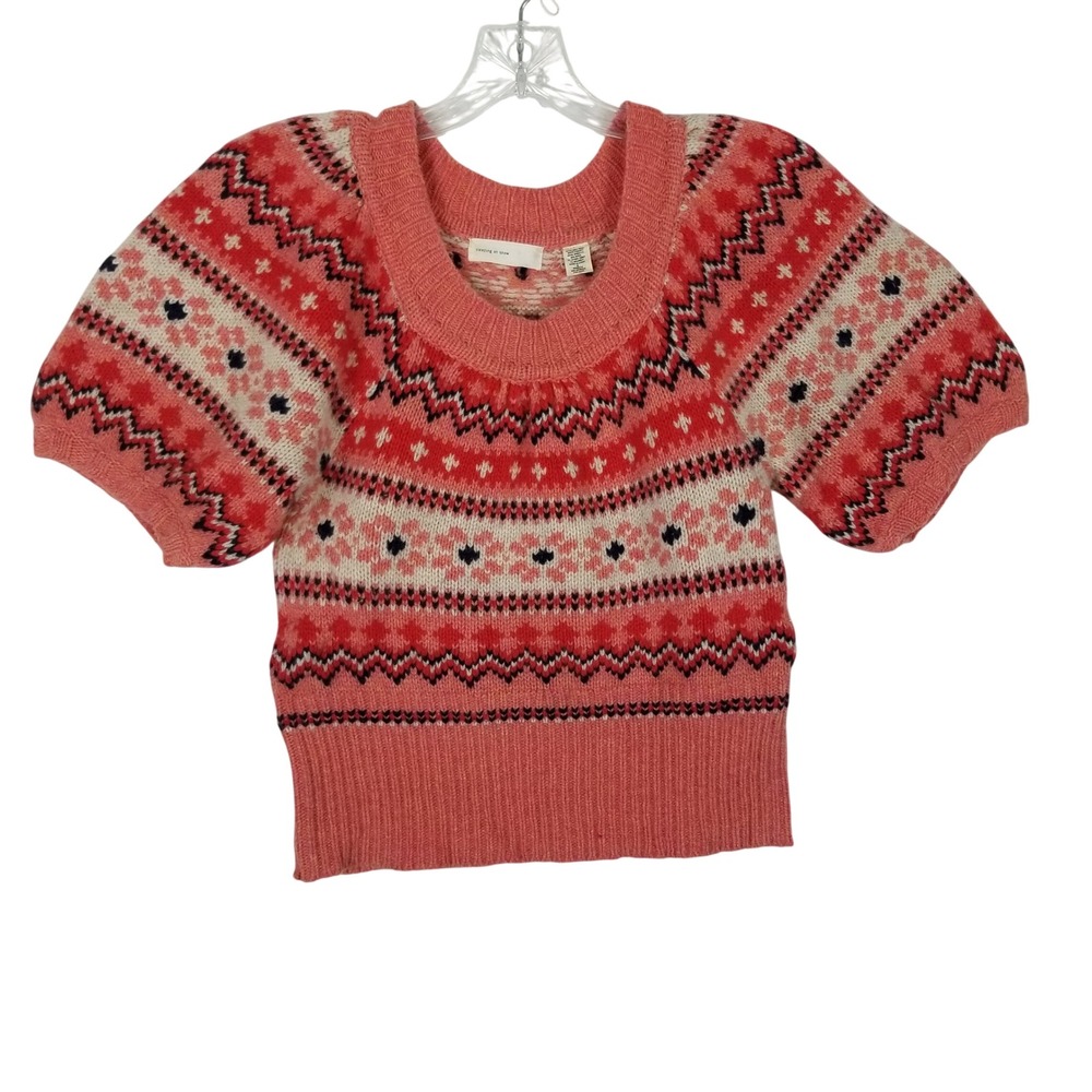 Sleeping on Snow Anthropologie Sweater Women S Coral  Fair Isle Wool Puff Sleeve